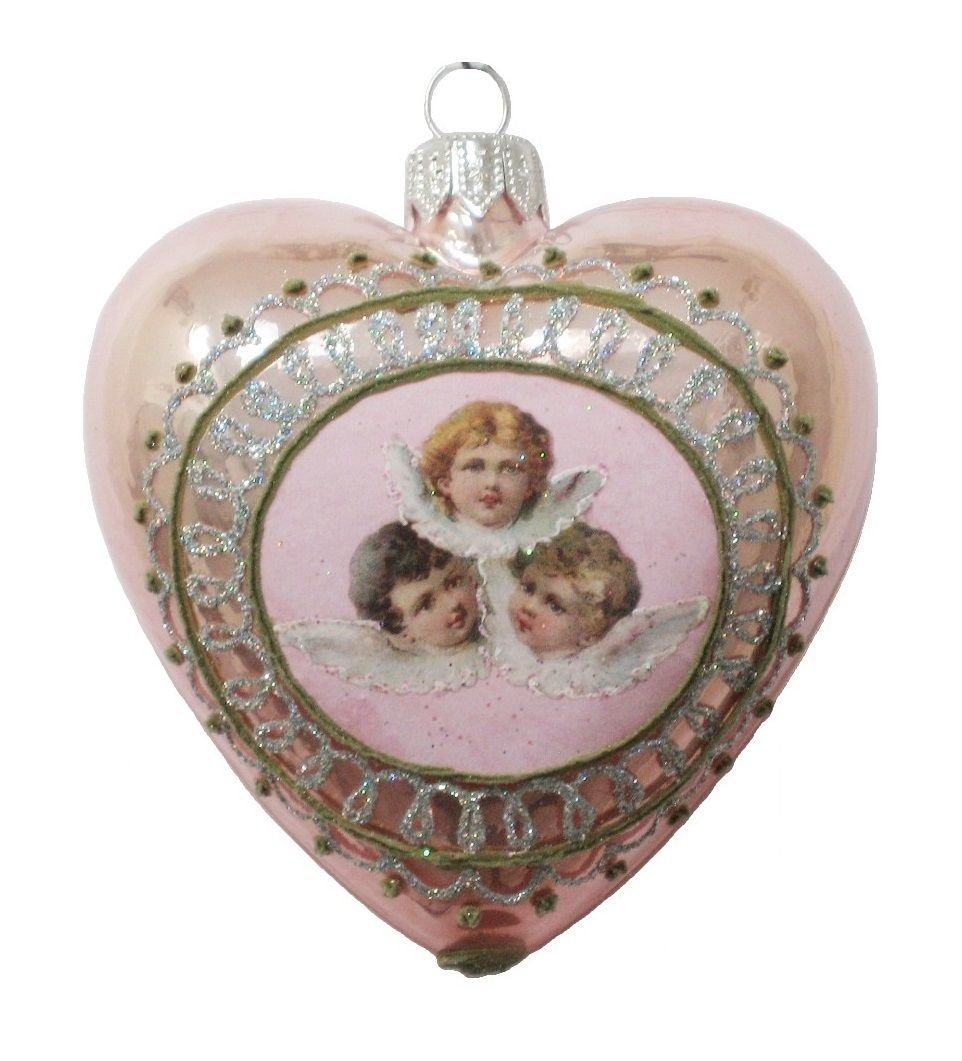 Üç Melek Figürlü Kalp Yılbaşı Süsü - Pembe