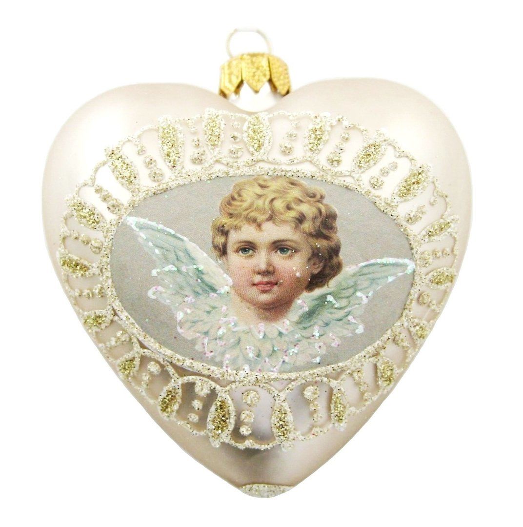 Kanatlı Melek Figürlü Kalp Yılbaşı Süsü - Beyaz