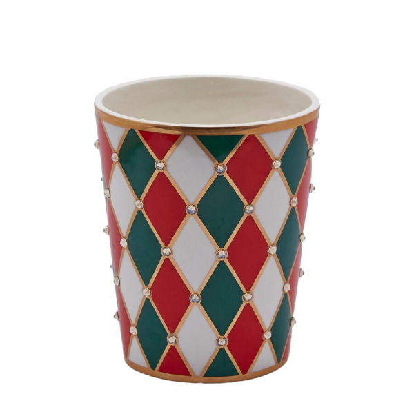 KIRMIZI YEŞİL BEYAZ DÖRTGEN MOTİFLİ VAZO, 17 CM