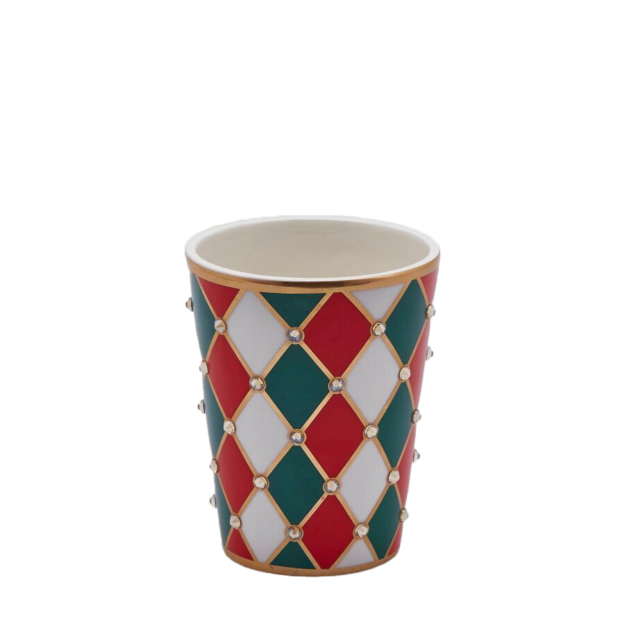 KIRMIZI YEŞİL BEYAZ DÖRTGEN MOTİFLİ VAZO, 13 CM