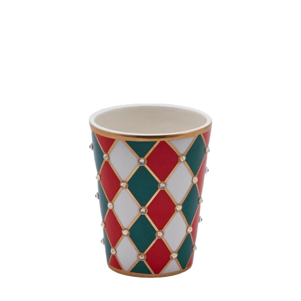 KIRMIZI YEŞİL BEYAZ DÖRTGEN MOTİFLİ VAZO, 13 CM