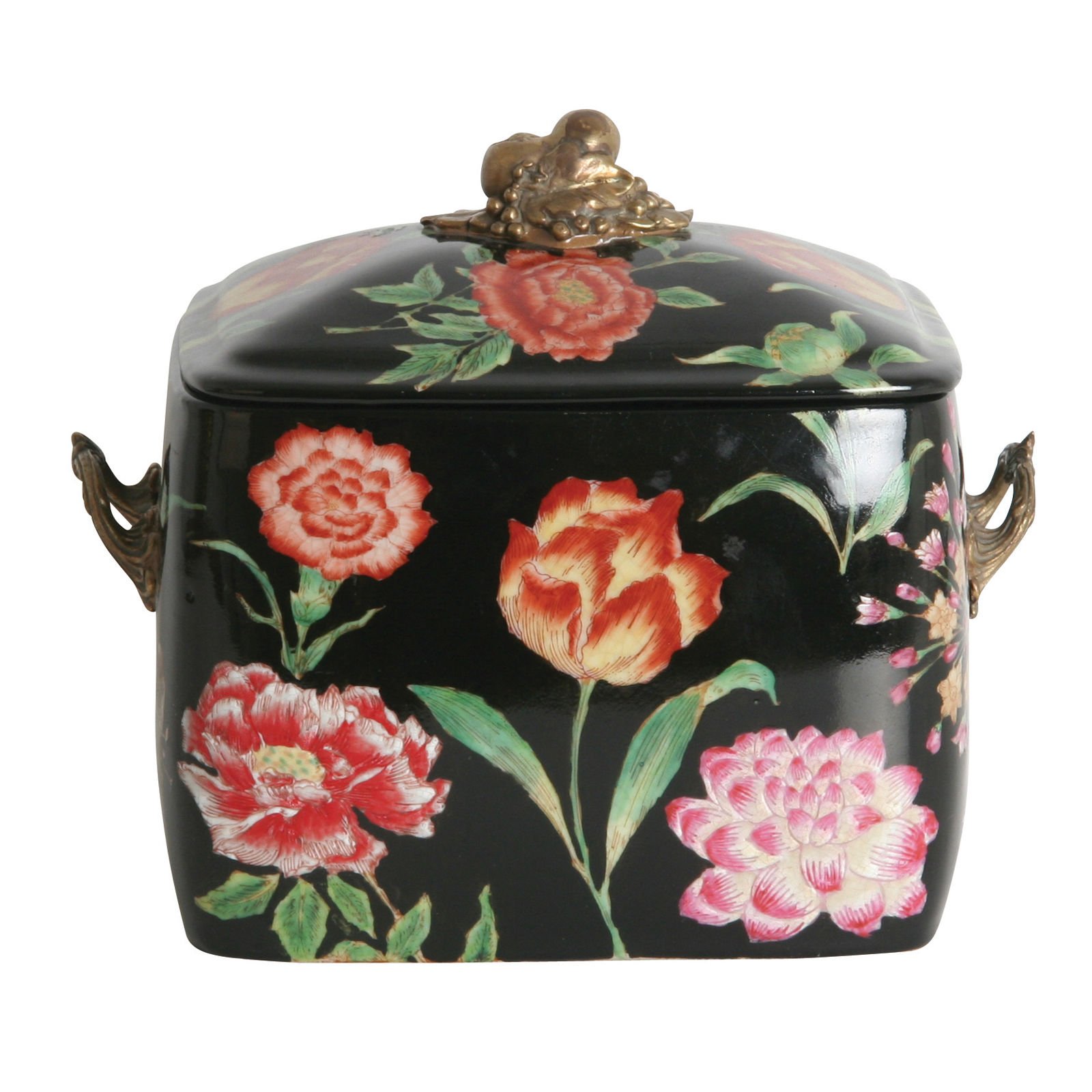 Pirinç Kulplu Çiçekli Porselen Kutu