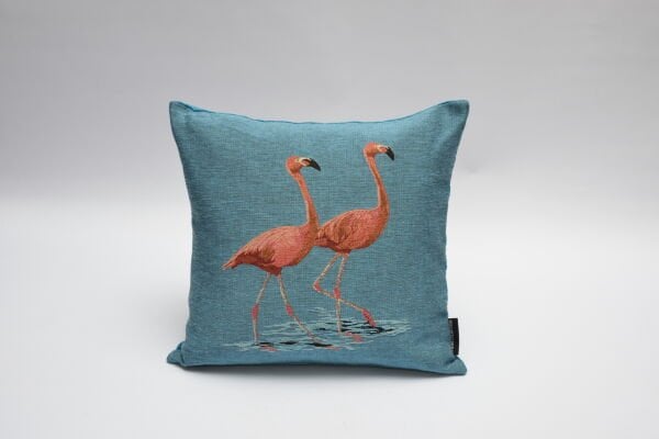 Flamingo Desenli Kare Yastık, Mavi