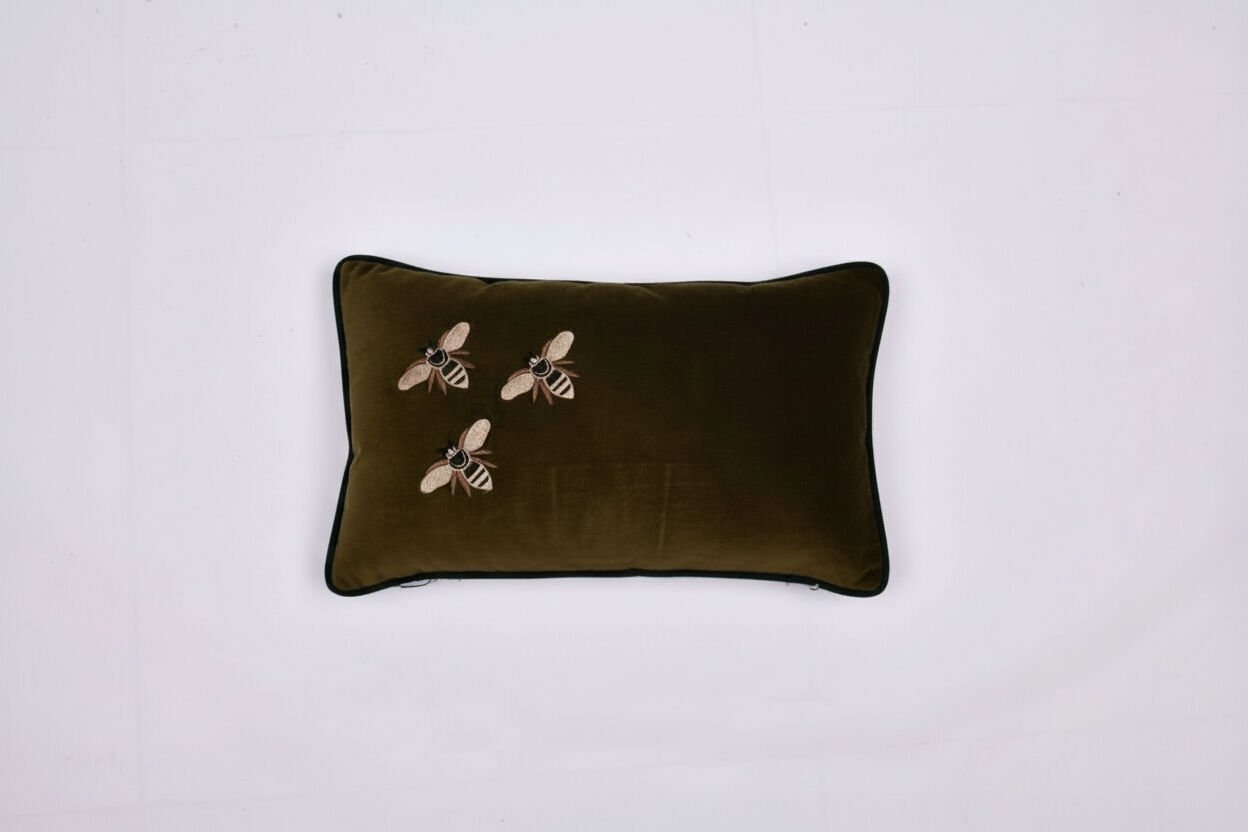 Royal Bee Dikdörtgen Kadife Yastık, Yeşil - Kahverengi