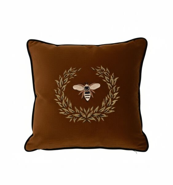 Laurel Bee Kadife Kare Yastık - Kahverengi