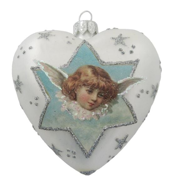 Yıldızlı Melek Figürlü Kalp Yılbaşı Süsü - Beyaz