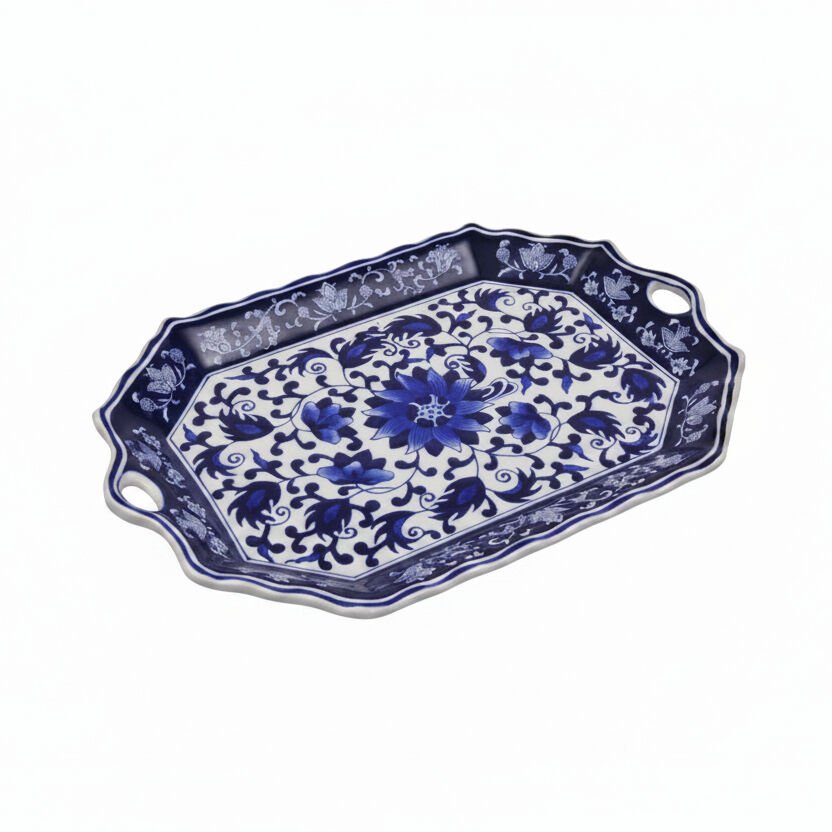 Bleu Blanc Büyük Porselen Tepsi - 48 cm
