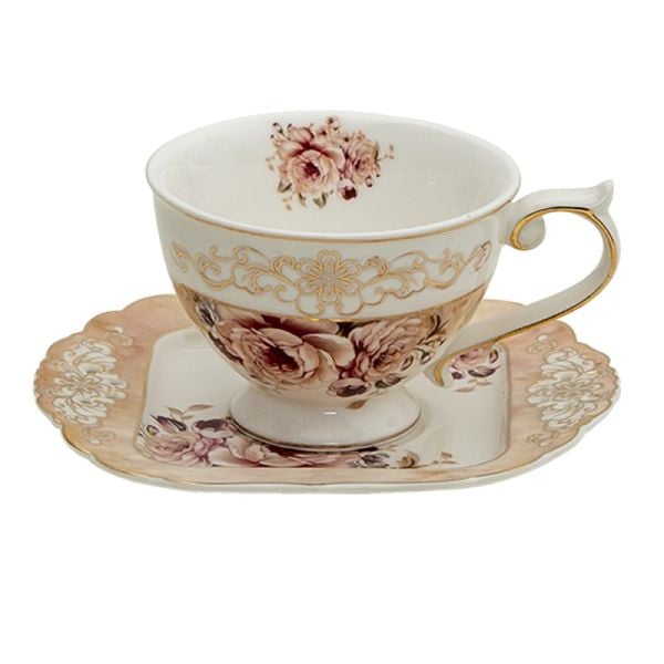 Pembe Bej Çiçekli Porselen Çay / Kahve Fincanı
