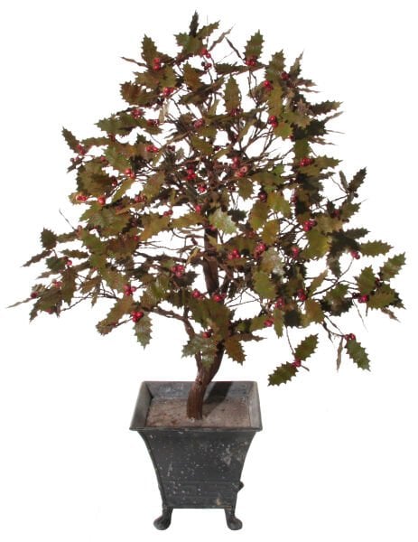 Kırmızı Meyveli Saksılı Metal Çobanpüskülü Yılbaşı Ağacı 65 cm