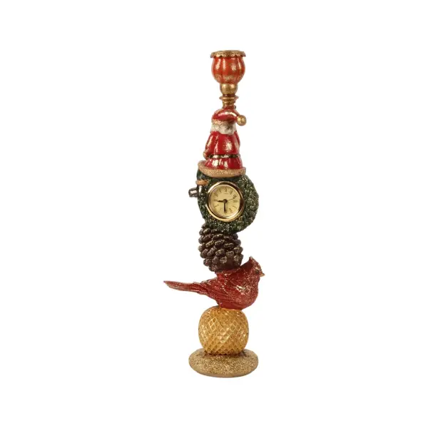 Saat ve Kırmızı Kuş Figürlü Altın Yılbaşı Şamdanı 39 cm