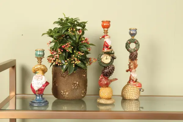 Saat ve Kırmızı Kuş Figürlü Altın Yılbaşı Şamdanı 39 cm