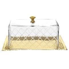 CAM KAPAKLI ALTIN RENK METAL DİKDÖRTGEN TEPSİ / SERVİS