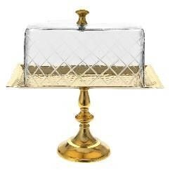 CAM KAPAKLI ALTIN RENK METAL DİKDÖRTGEN AYAKLI TEPSİ / SERVİS