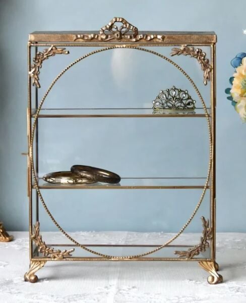 Vintage Pirinç Cam Minyatür Vitrin 34,5 cm – Gold