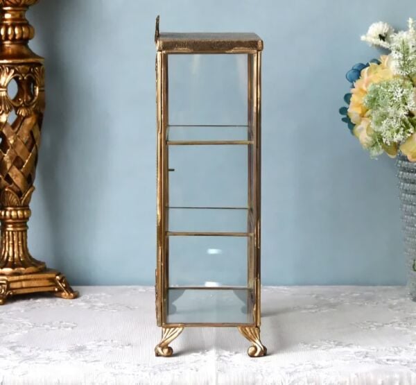 Vintage Pirinç Cam Minyatür Vitrin 34,5 cm – Gold