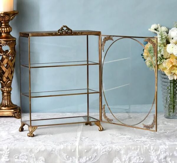 Vintage Pirinç Cam Minyatür Vitrin 34,5 cm – Gold