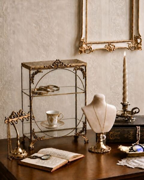 Vintage Pirinç Cam Minyatür Vitrin 34,5 cm – Gold