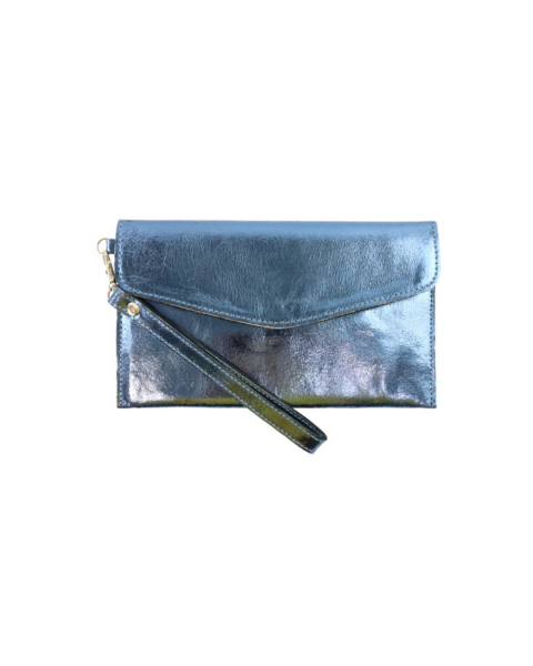 Color Clash Deri Clutch Çanta – Metallic Blue