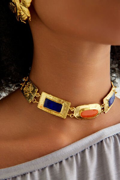 NEFERTITI CHOKER, LACİVERT VE TURUNCU MİNELİ