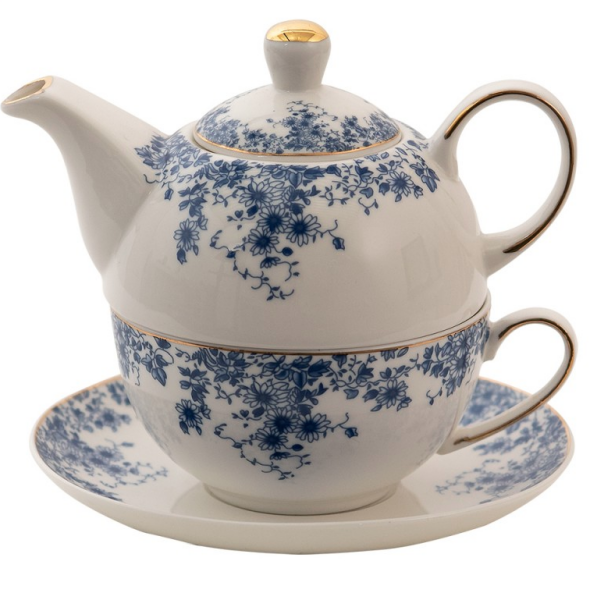 Bleu Blanc Çiçekli Porselen Çaydınlık ve Fincan
