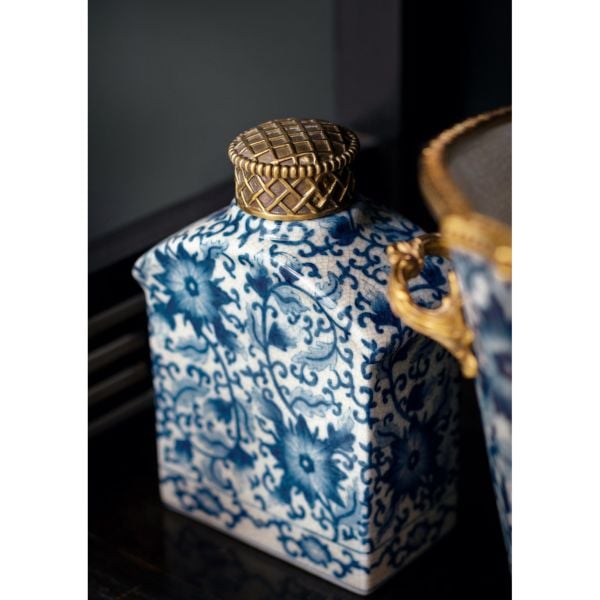 Bleu Blanc Porselen Şişe, Bronz Kapaklı