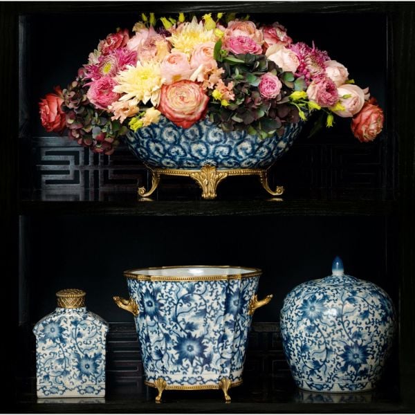 Bleu Blanc Porselen Şişe, Bronz Kapaklı