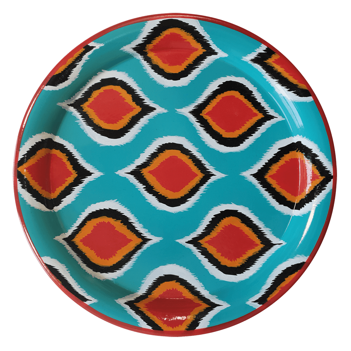 IKAT DESENLİ EL BOYAMASI YUVARLAK TEPSİ, TURKUAZ TURUNCU, LES OTTOMANS