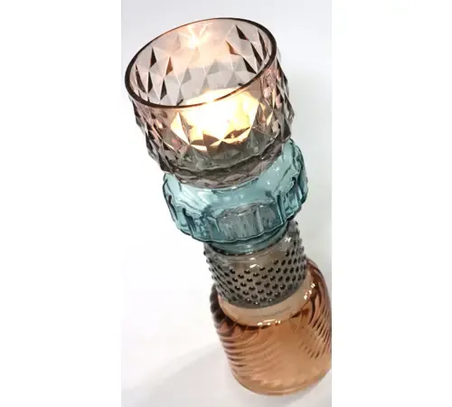 Barceloneta Cam Tealight Mumluk, Somon - Mavi- Turkuaz - Gri