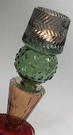 Barceloneta Cam Tealight Mumluk, Gri - Yeşil-Somon-Kırmızı