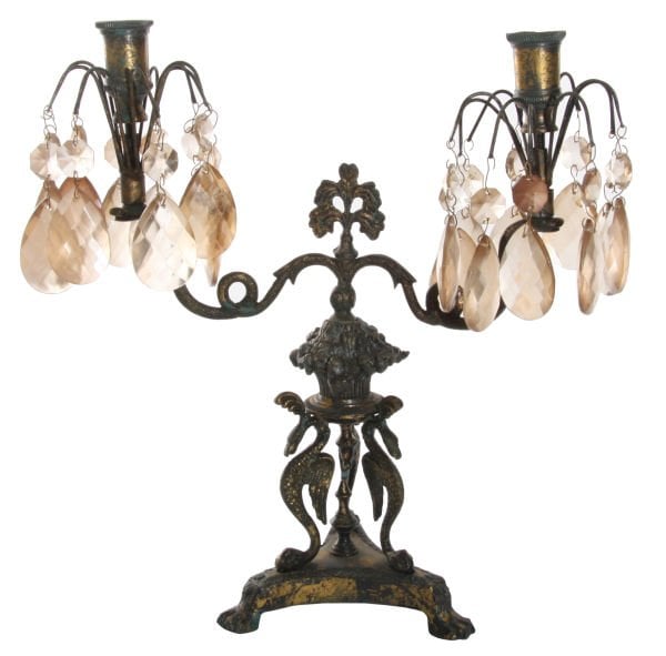 Antik Patineli İki Kollu Kristal Şamdan