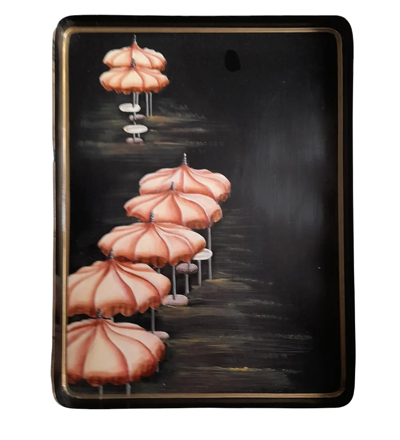 FLORAL PEMBE ŞEMSİYE EL BOYAMASI TEPSİ, LES OTTOMANS