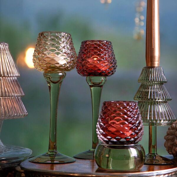 Pigna Cam Ayaklı Mumluk – Bordo & Yeşil