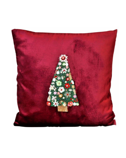 YILBAŞI AĞACI İŞELMELİ BORDO KADİFE YASTIK KILIFI - HOFF-INTERIEUR