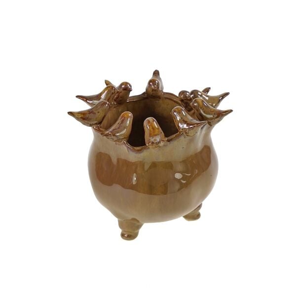 Kuş Figürlü Ayaklı Seramik Saksı - Küçük