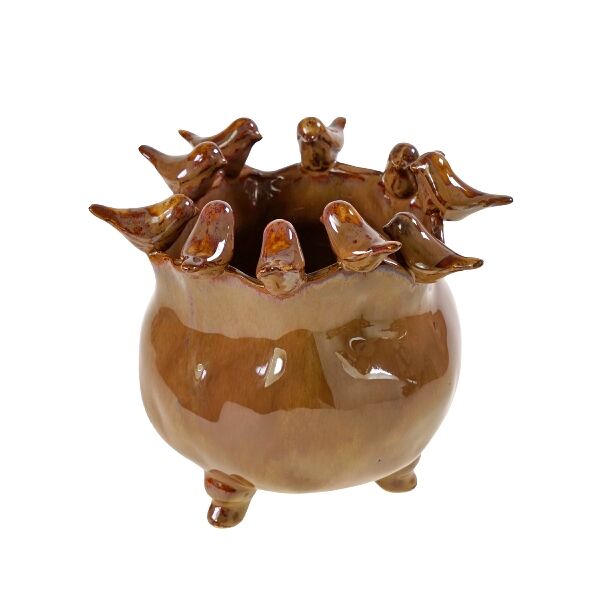 Kuş Figürlü Ayaklı Seramik Saksı - Büyük