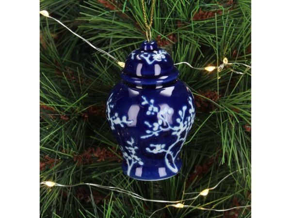 Bleu Blanc Desenli Porselen Küp Yılbaşı Süsü